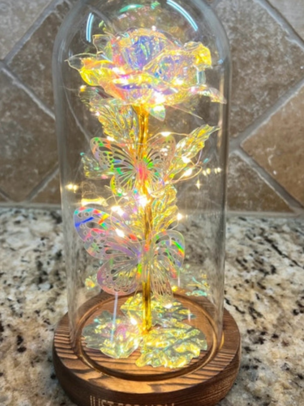 Iridescent Gold Rose and Butterfly LED Dome - Home Accents Decor